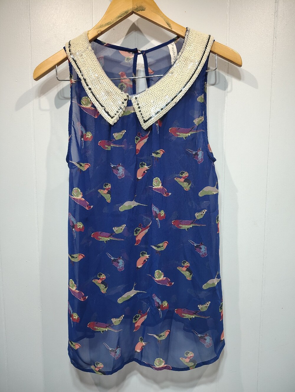 Audrey 3+1 Sheer Bird Print Tank Top Sequin Collar Blue Multicolor Size M